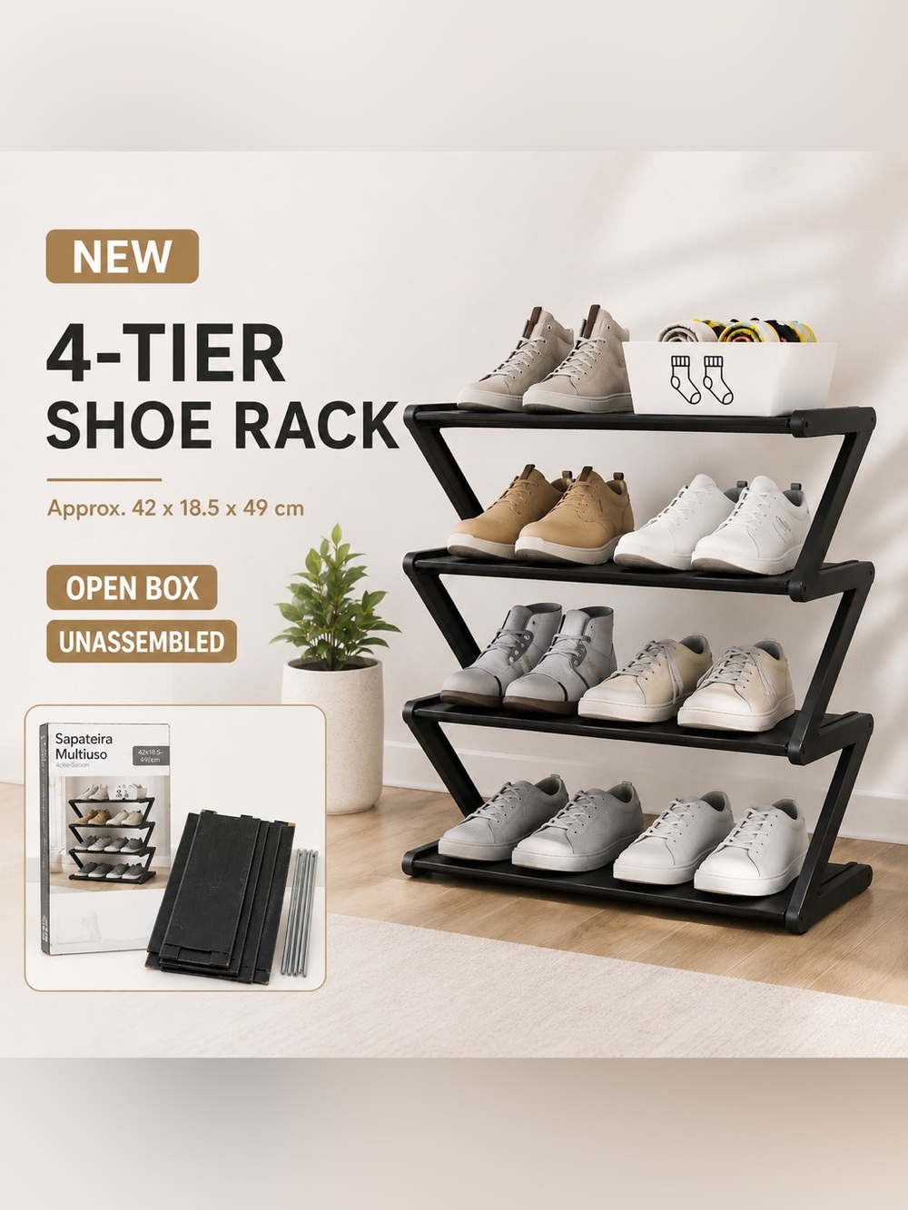 NEW 4-Tier Black Shoe Rack Organizer | Unassembled Space-Saving Entryway Storage